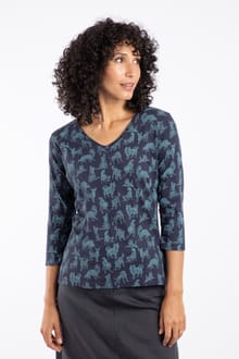 Laveda 3/4 Sleeve Printed V Neck T-Shirt Dark Navy