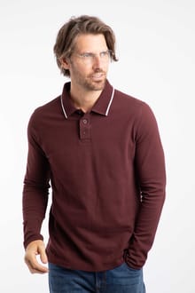 Theo Organic Cotton Textured Jersey Long Sleeve Polo Bitter Chocolate