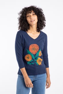 Flower Power Organic Cotton 3/4 Sleeve Graphic T-Shirt Navy