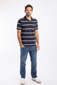Fabian Organic Cotton Striped Pique Polo Midnight
